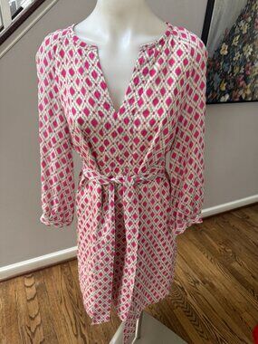 ELLIE KAI 100% Silk Printed Long Sleeve V Neck Midi Dress Size 8